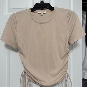 Wayf Beige Ruched Short Sleeve Top